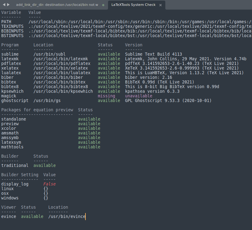 Latextools system check status output